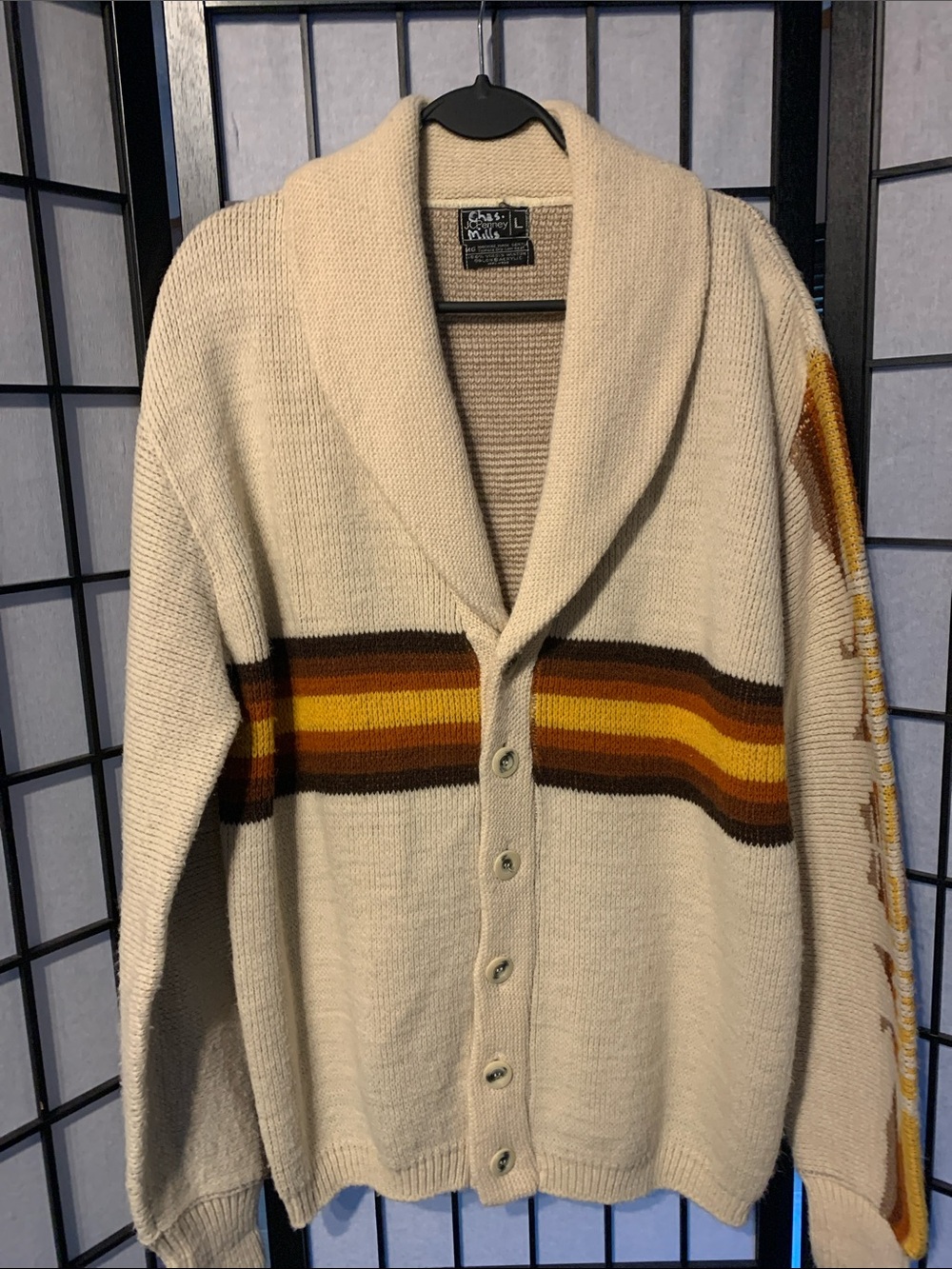 JCPenney Cream Shawl Collar Cardigan with Brown and Yellow Stripes Size L
